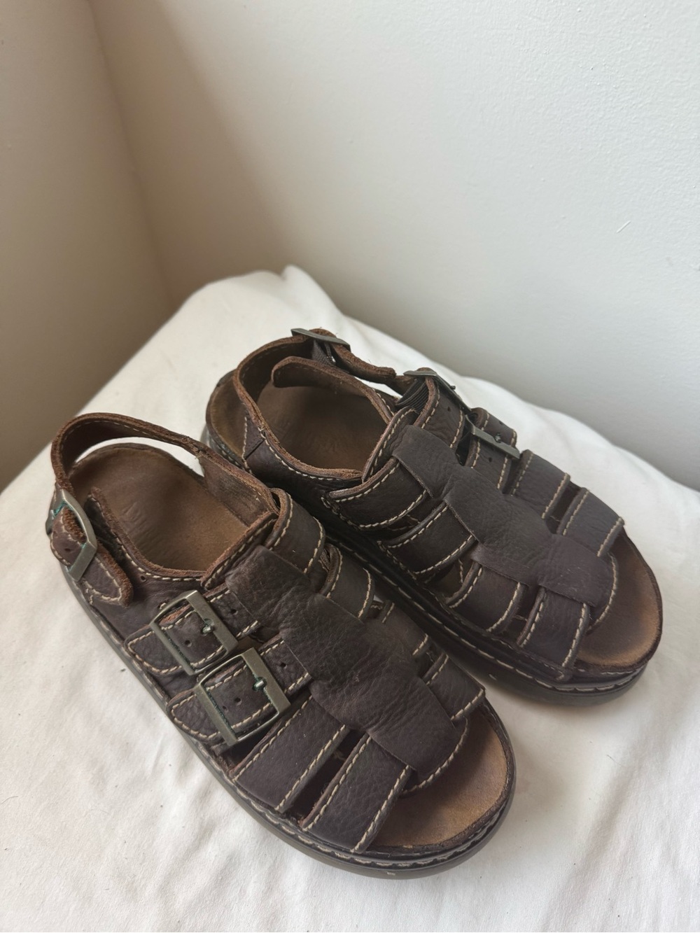 Y2K America Eagle Brown Leather Fisherman Sandals Chunky Platform Buckle Shoes 8